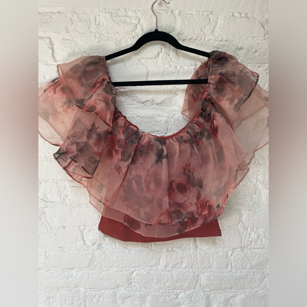 Off the shoulder ruffle romantic floral top Anthropologie small rust color